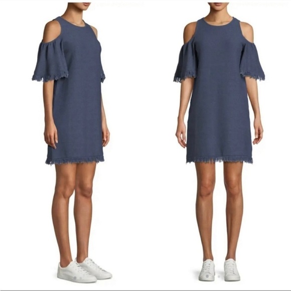 NWT Milly Neiman Marcus Denim-Knit Cold-Shoulder Fringe Dress - Size XS Petite - Picture 1 of 8